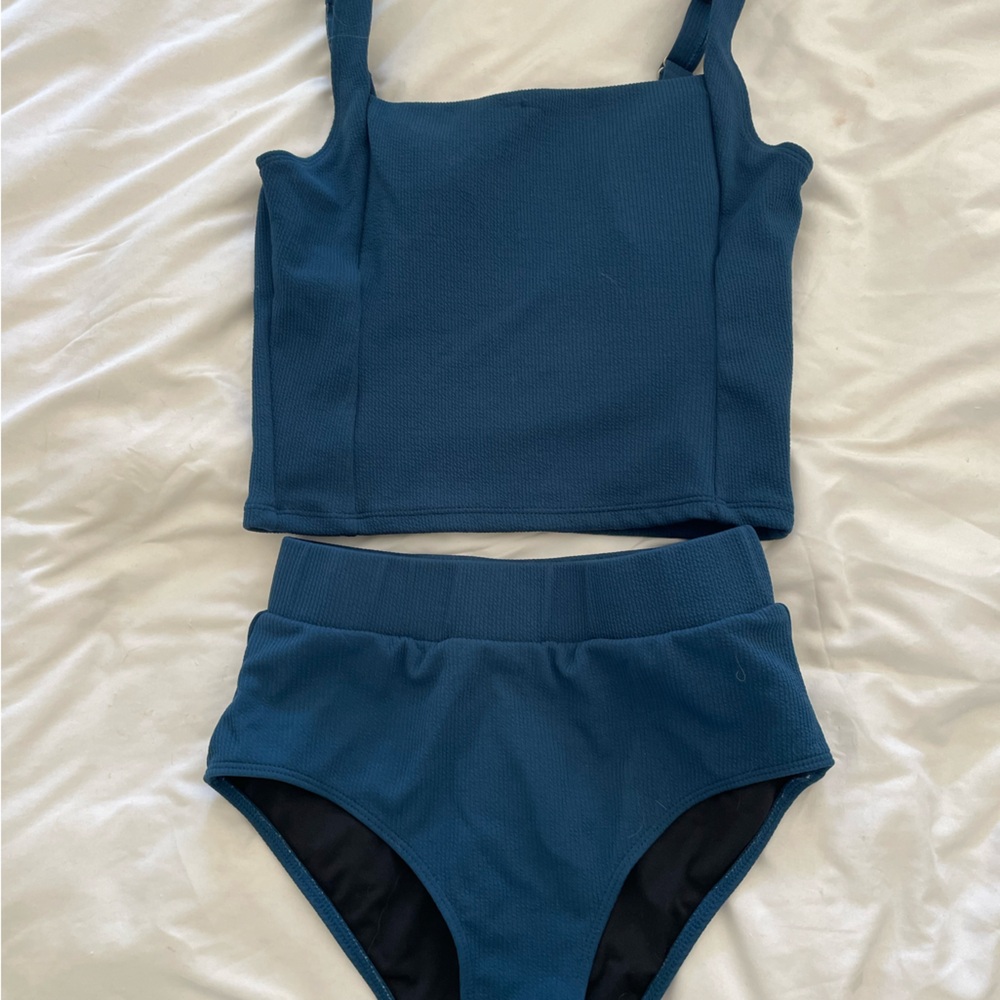 Blue High-Waist Ribbed One-Piece Swim Set
